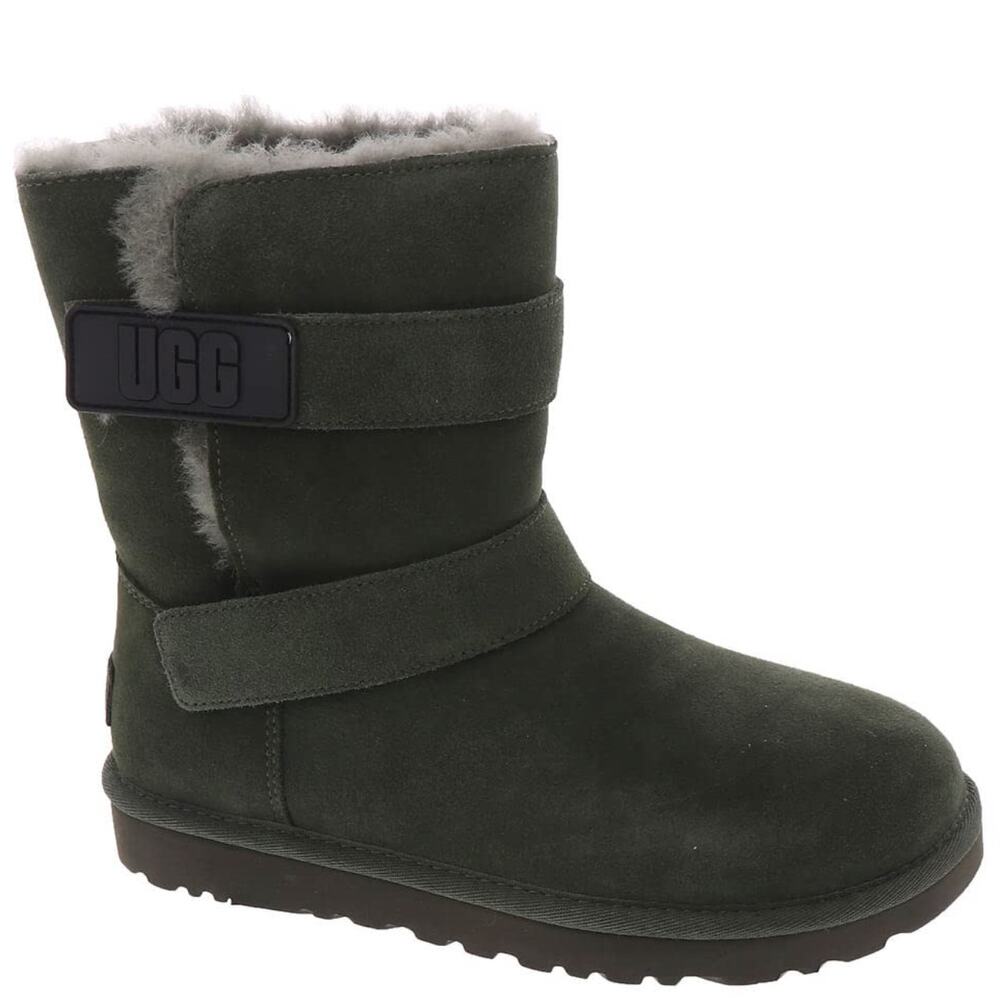 Ugg Bailey Logo Boots 7 Olive Green Gray Ankle Booties Shearling Fur Suede